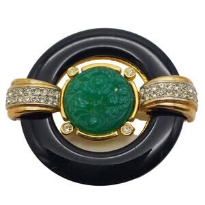 Gem Craft Green & Black Brooch Deco Carved Stone Pave Crystal Faux Jade Pin Vtg